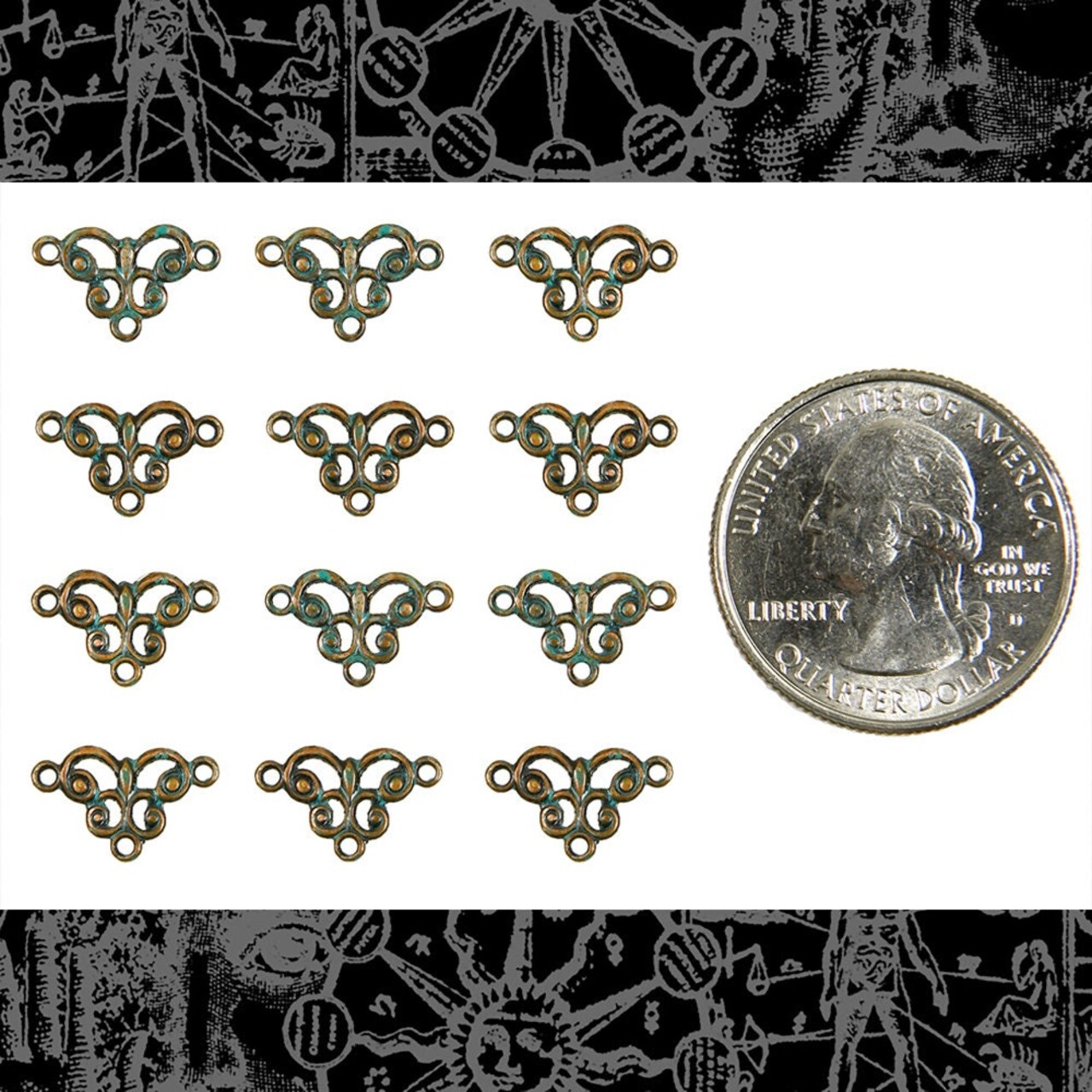 Verdigris Finished Brass Simple Scrolled Three Ring Connectors - Set of Twelve- V-3C12